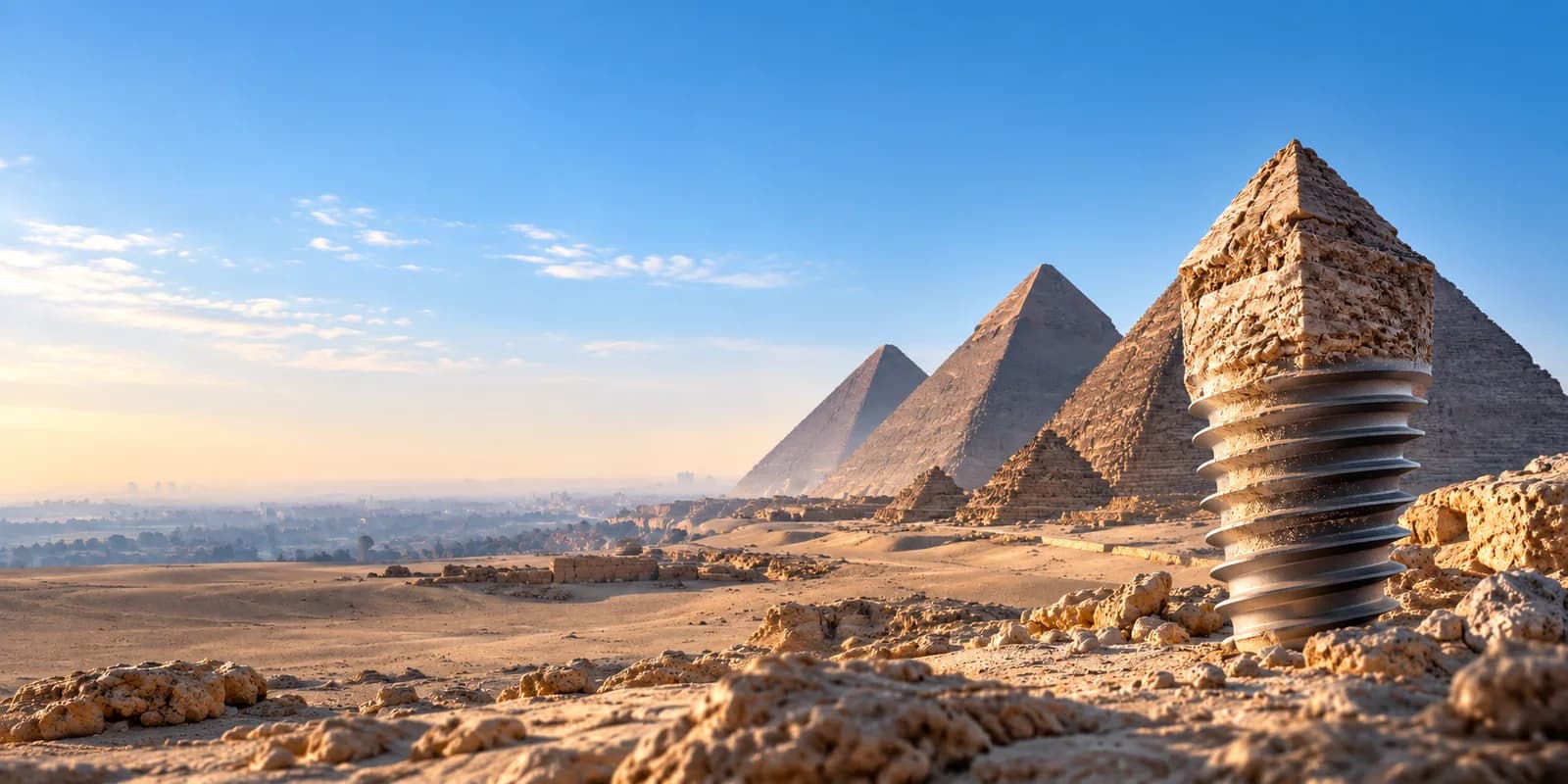 Pyramides de Giza et transition d’un implant en titane vers la pierre, composition illustrative