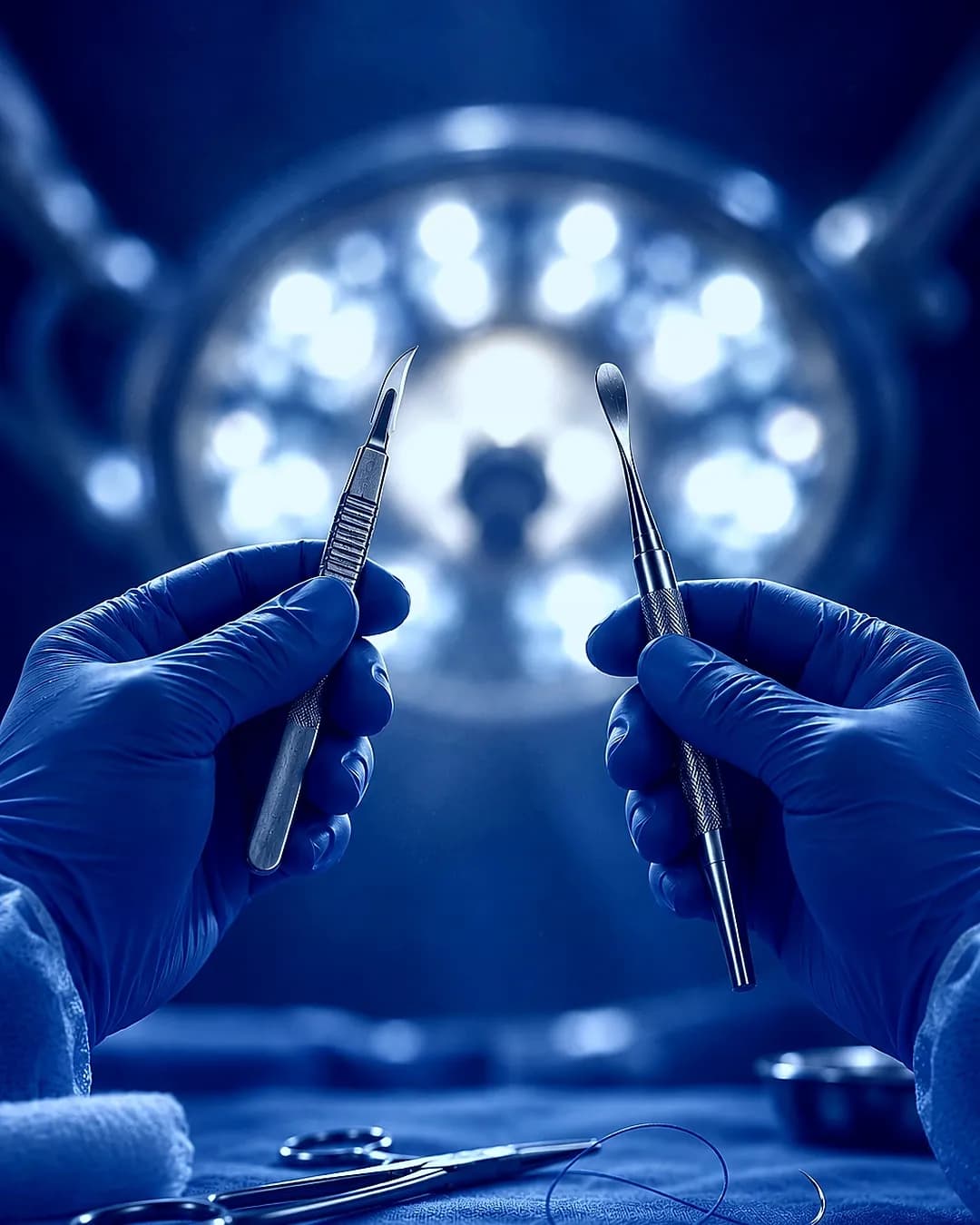 Deux mains gantées présentent un bistouri à lame 15C et un décolleur périosté, un kit de suture posé sur le champ opératoire