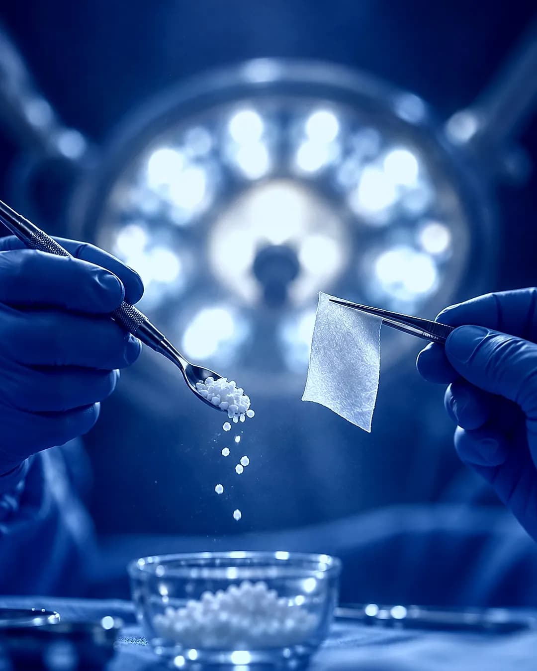 Une cuillère chirurgicale remplie de granules de substitut osseux et une membrane de collagène tenues par des mains gantées