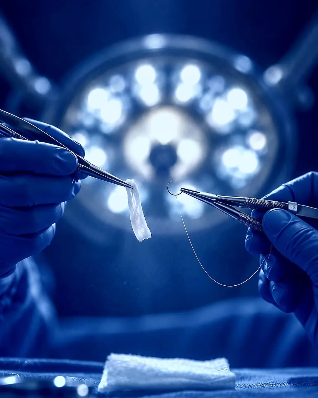 Une micro-précelle présente un greffon conjonctif au-dessus d'une compresse, un micro porte-aiguille tient un fil de suture très fin