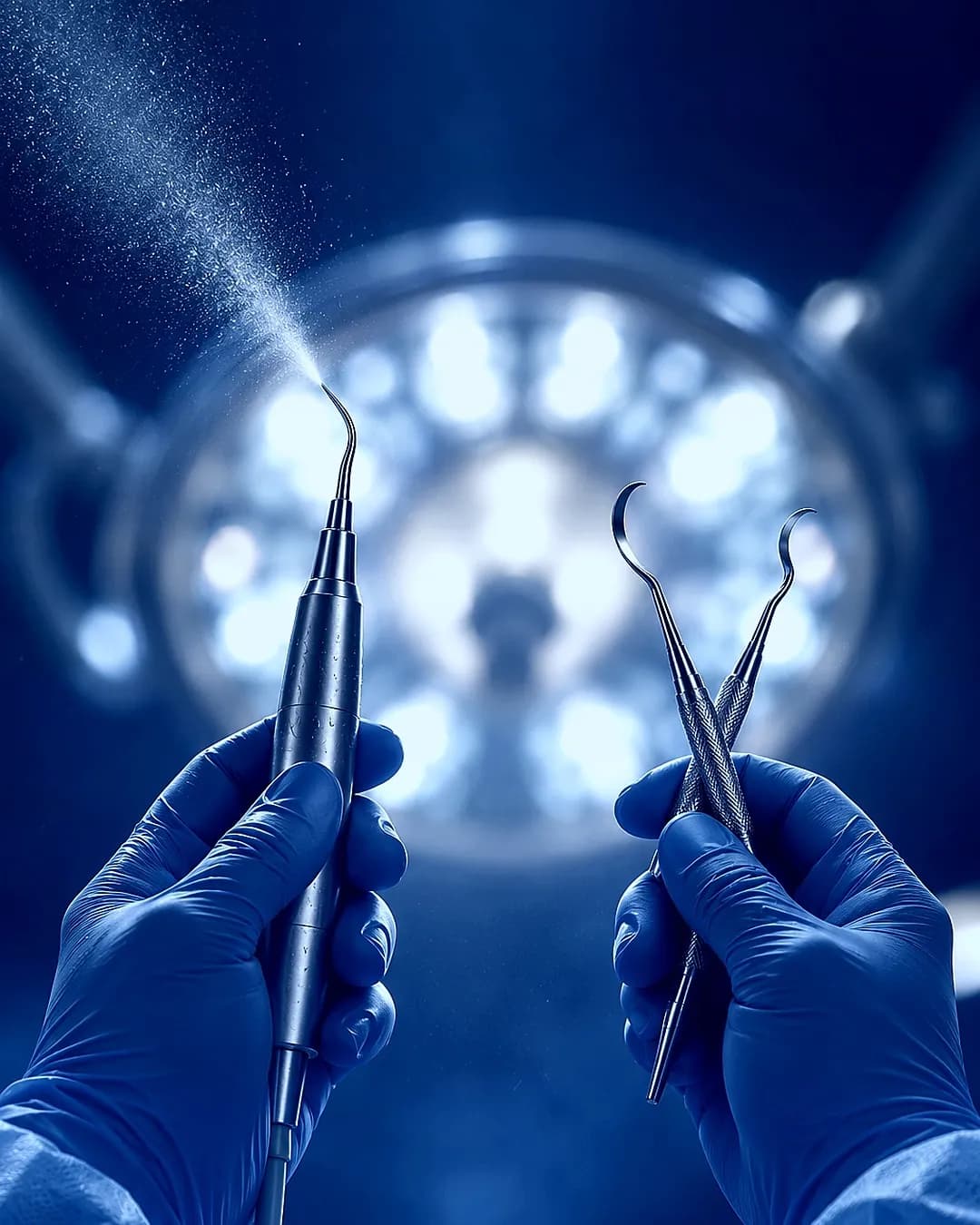 Une main gantée tient un insert d'ultrasons d'où s'échappe une fine brume d'eau, l'autre une sonde parodontale et une curette de Gracey, devant un plateau d'instruments